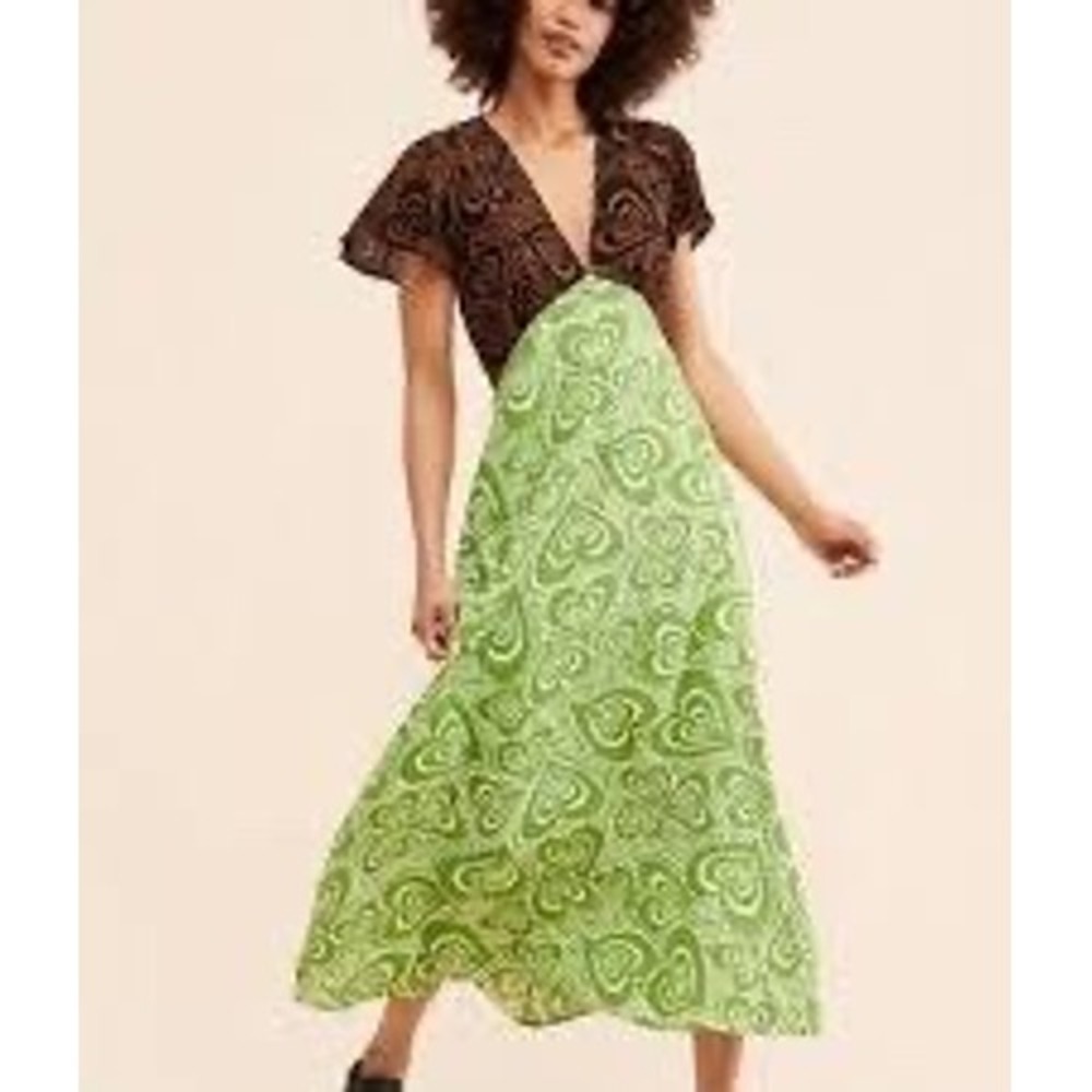 Lisa Says Gah Green Brown Psychedelic Heart Print V-Neck Midi Dress Size S
